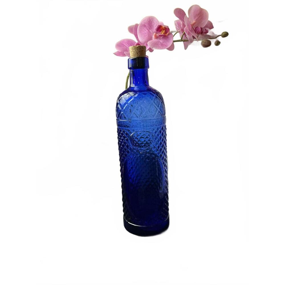 Vintage Spanish Cobalt Blue Glass Spirits Bottle w/ Cork Topper